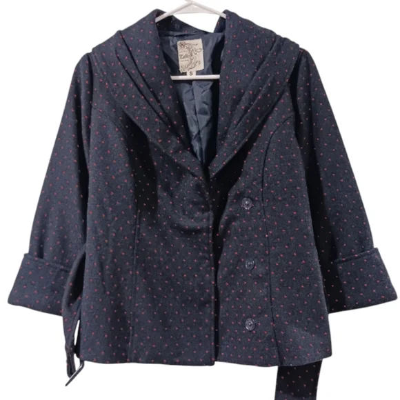 Belted Cropped Polka Dot Pea Coat Navy Red - Picture 9 of 12